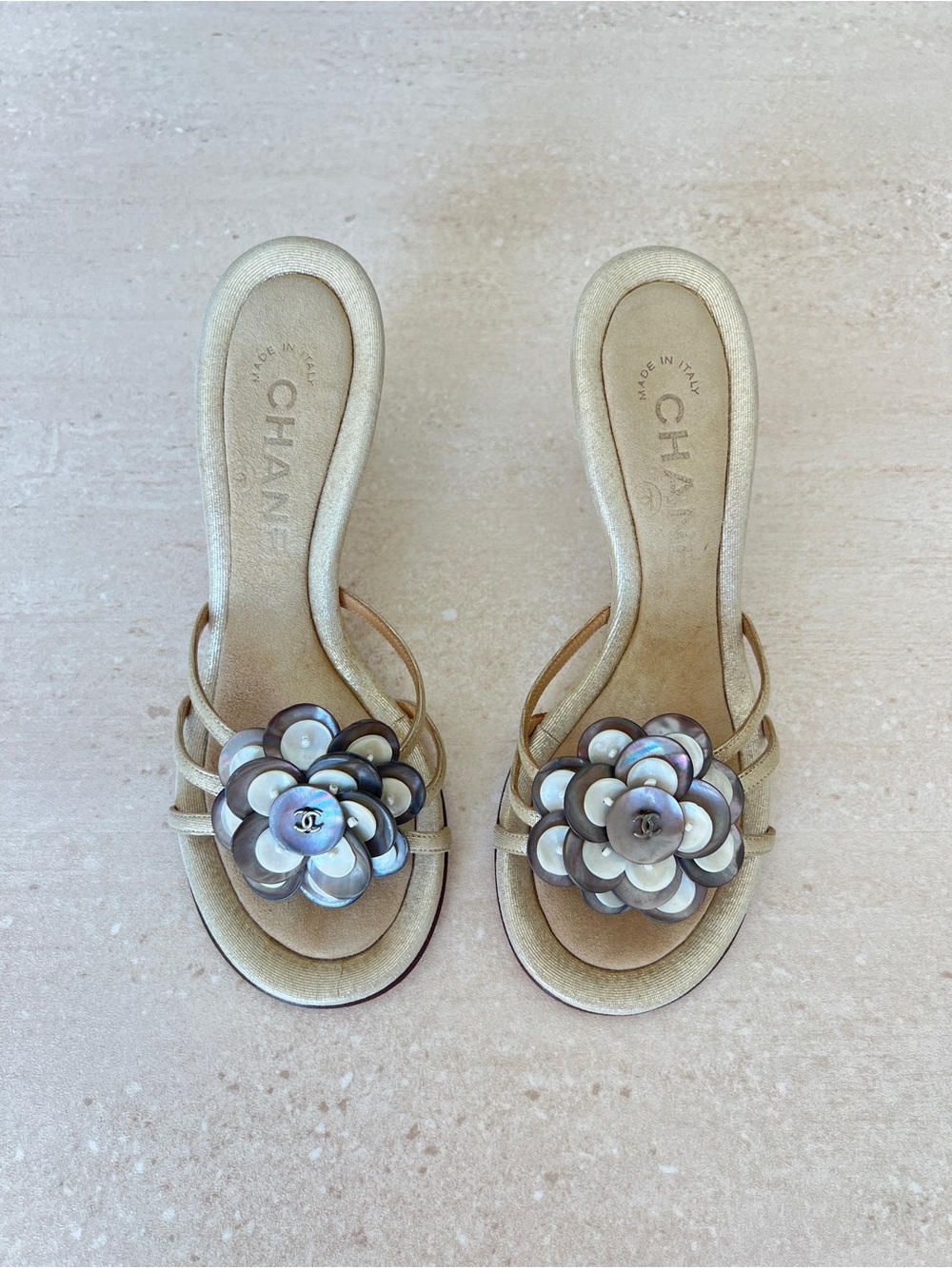 Chanel Vintage Camellia Flower Shell Sandals